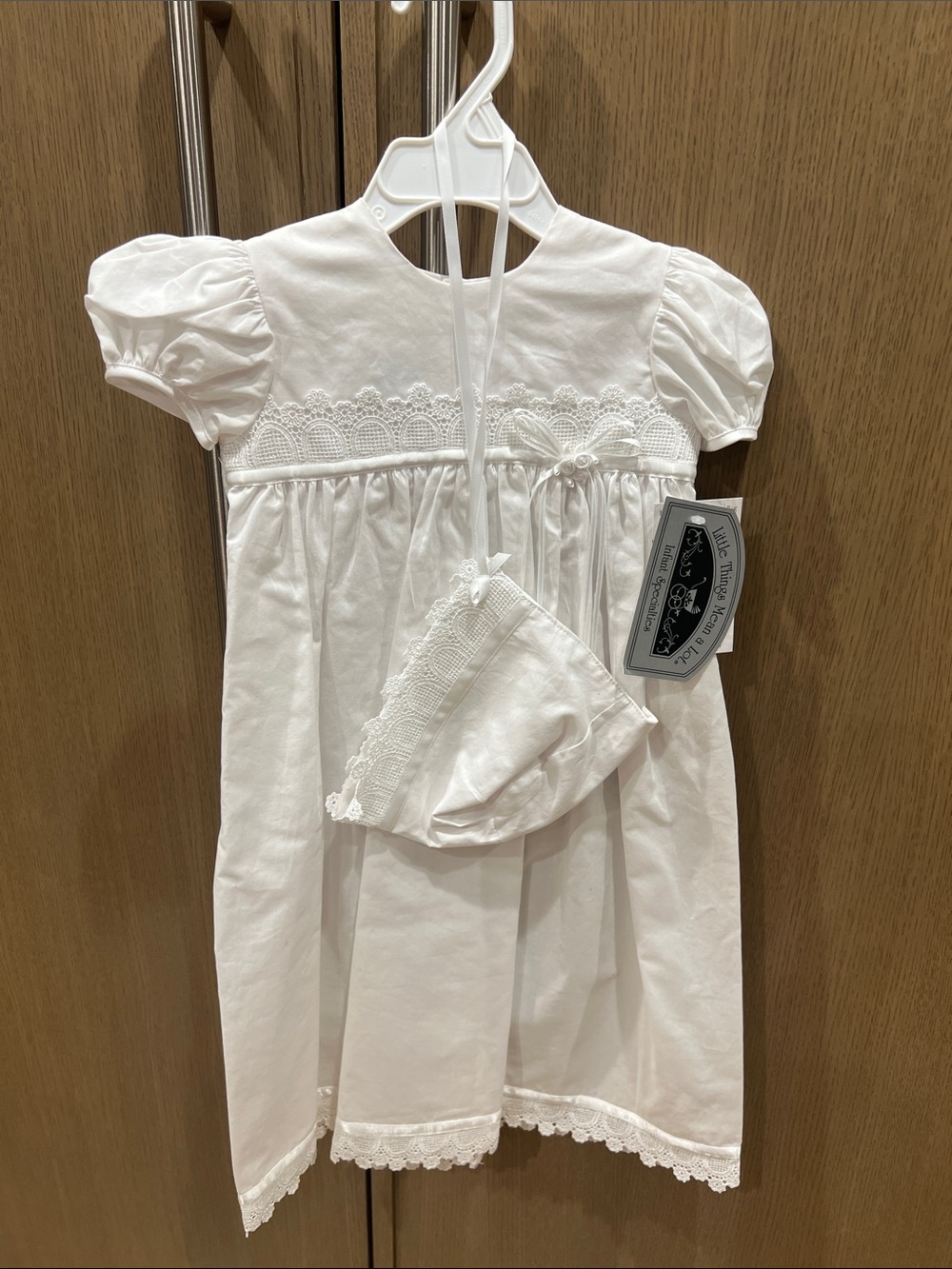 White Lace-Trim Baby Dress with Bonnet for baptism
